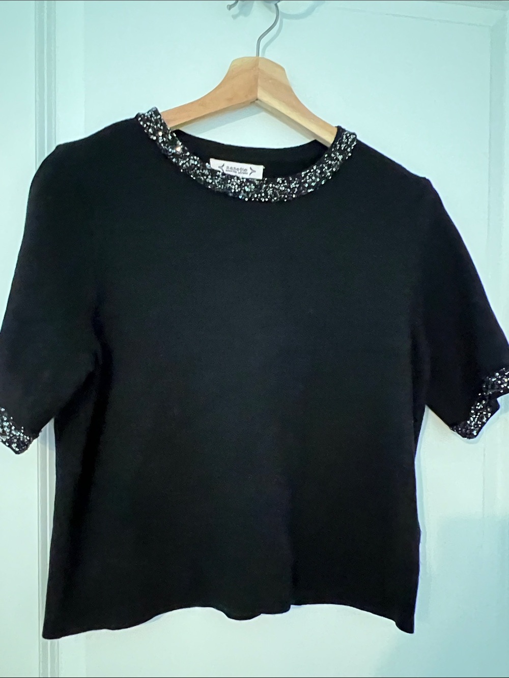 Nanette Lepore Black Short Sleeve Top with Beaded Trim